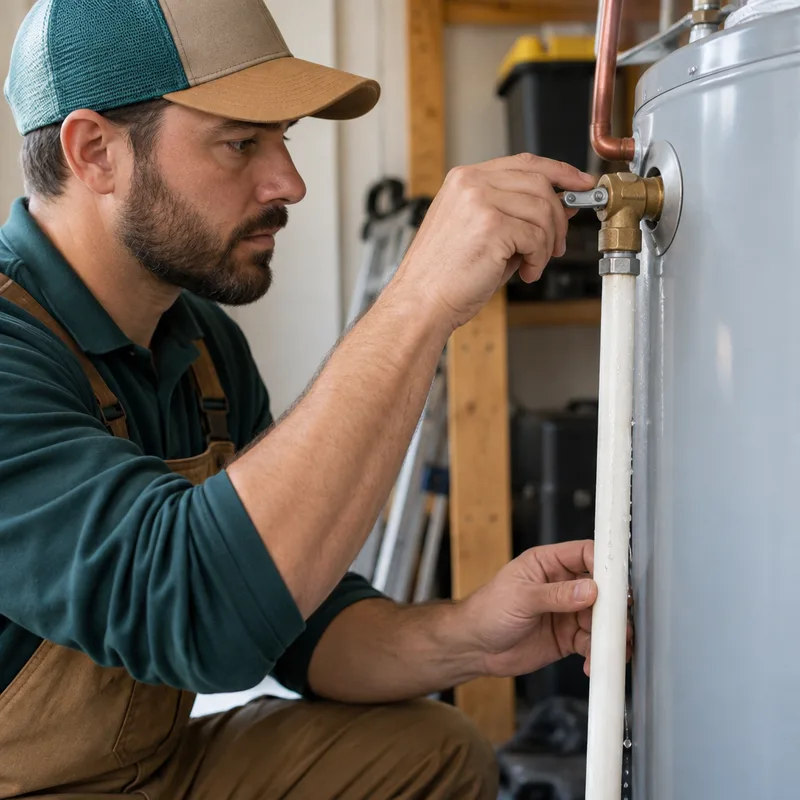 Technician turning a shutoff valve above a water heater