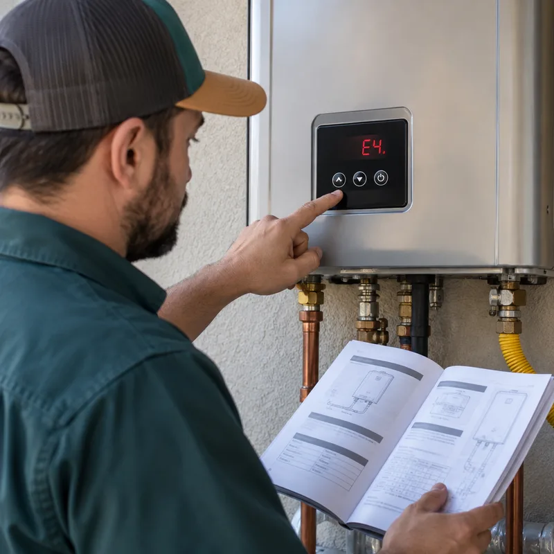 Technician checking the display on a wall-mounted tankless water heater