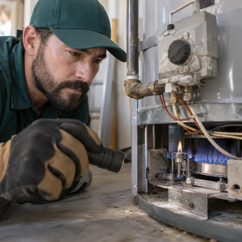Close-up of a gas water heater burner being inspected
