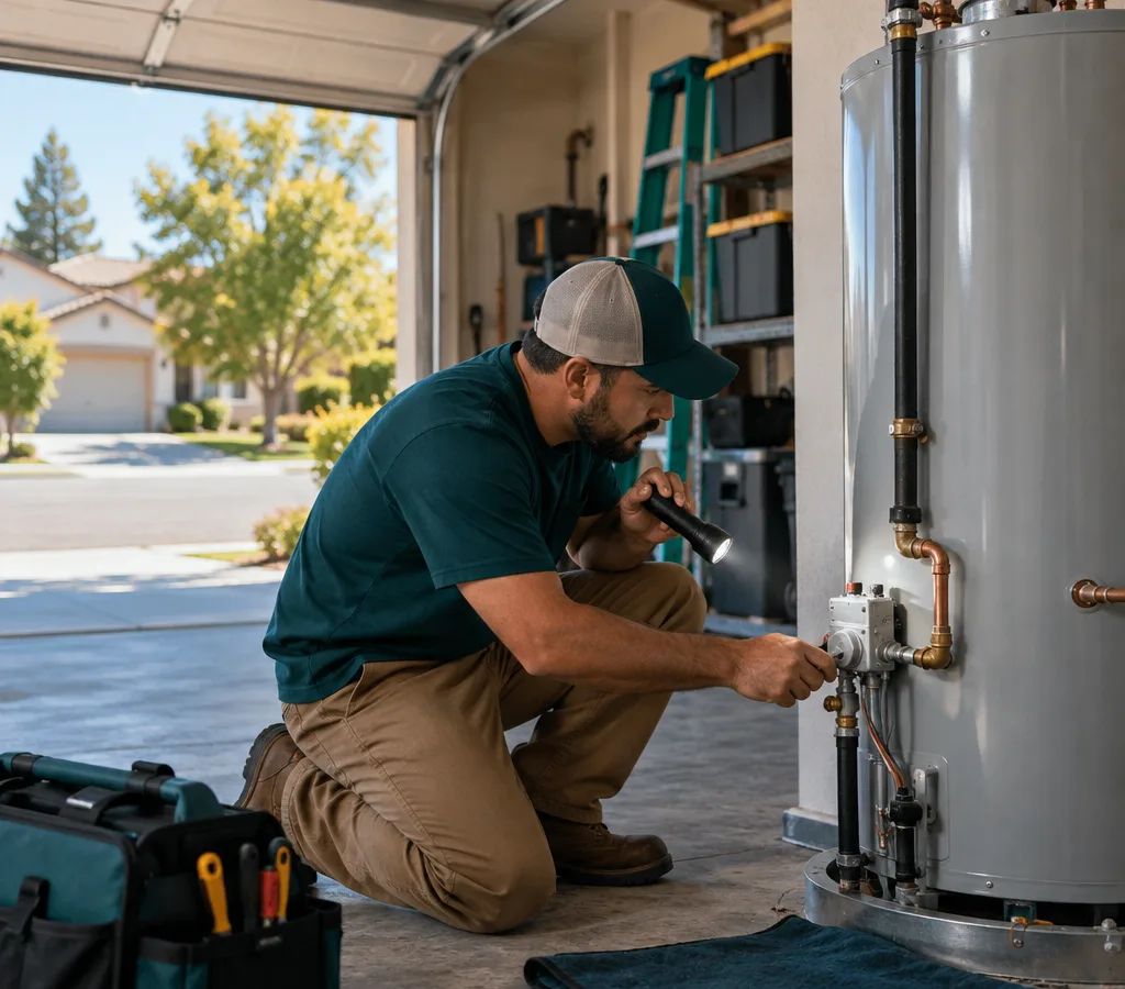 Technician inspecting the base of a gas water heater with a flashlight