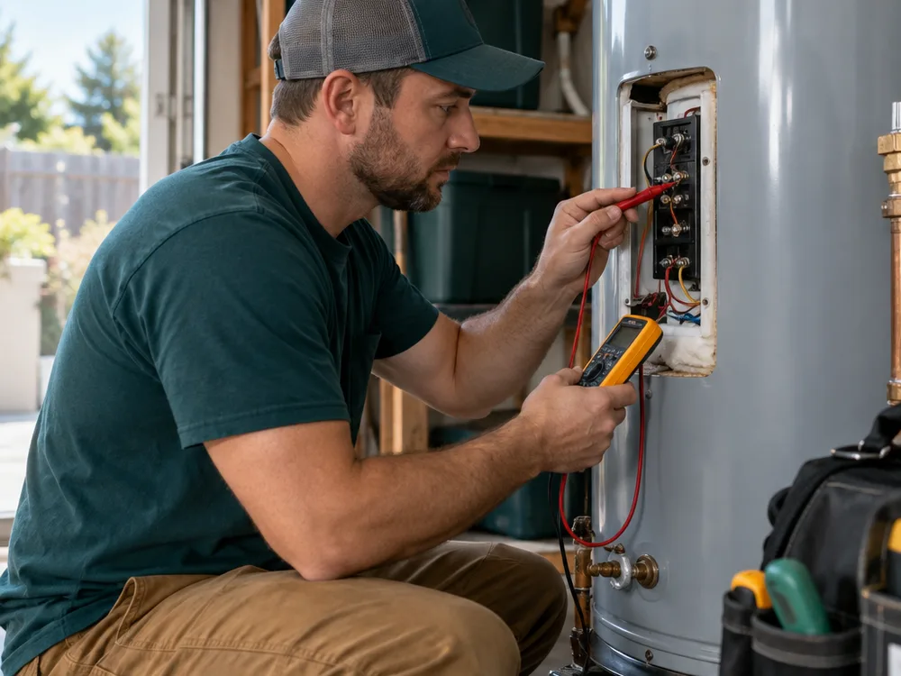 Technician testing water heater wiring with a multimeter