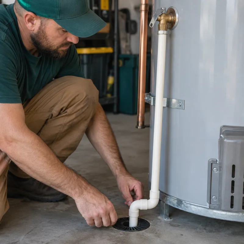 Technician checking the drain line beside a water heater in a garage