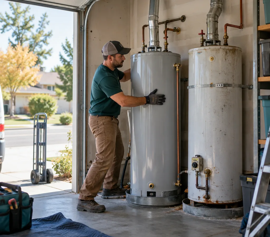 Technician moving a new water heater into a garage beside the old tank