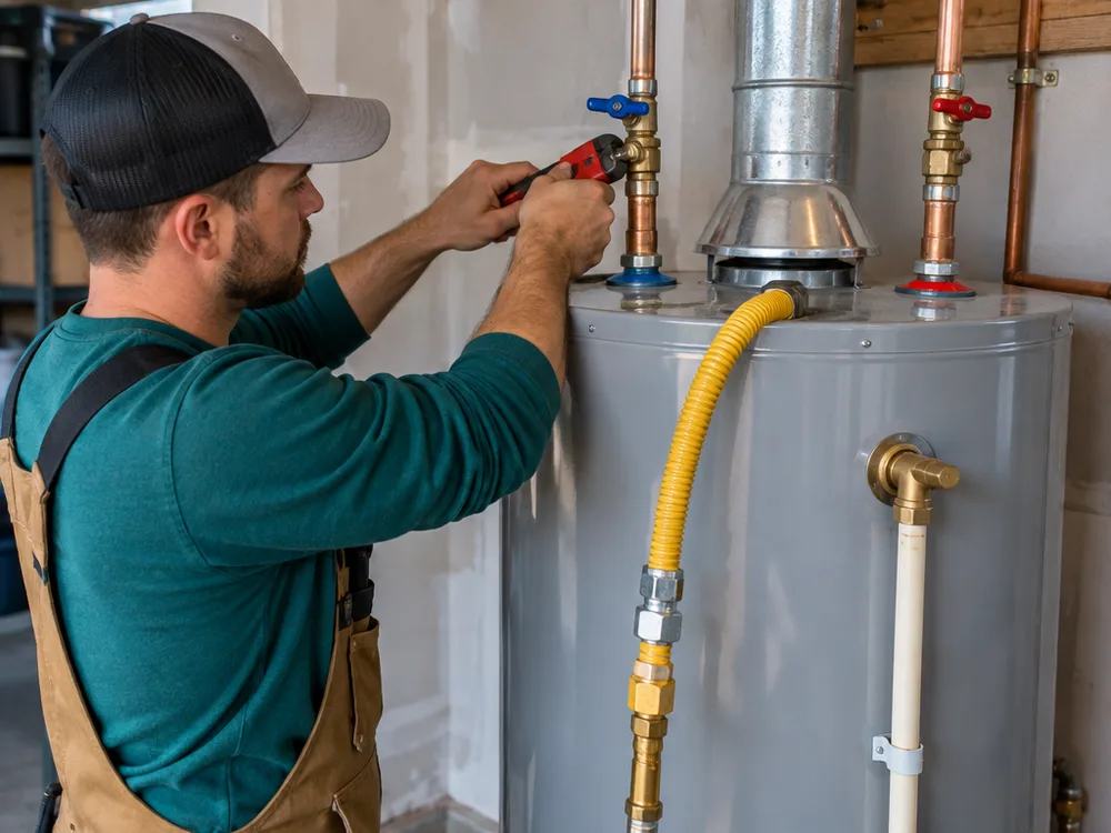Technician tightening a gas connection on a water heater