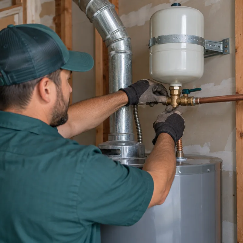 Technician connecting a new water heater next to an expansion tank and vent pipe
