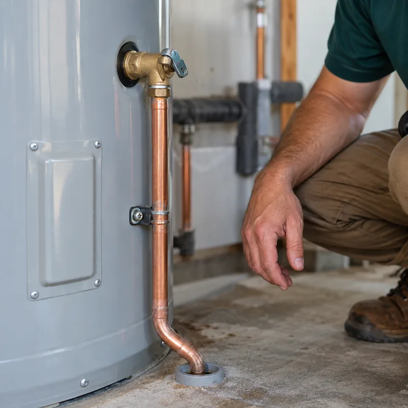 Relief valve discharge pipe running down beside a water heater