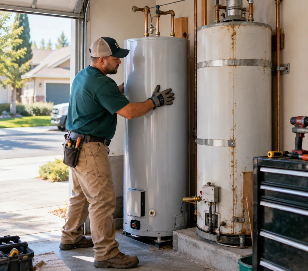 Technician positioning a new tank water heater beside the old one in a garage