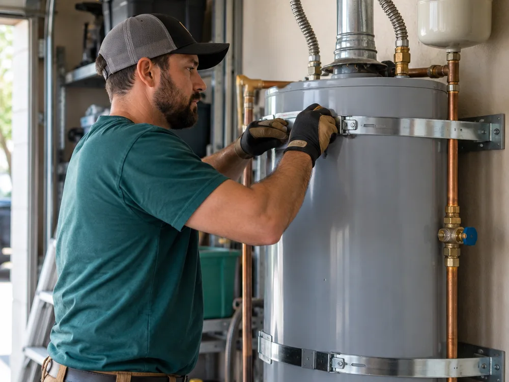 Technician securing a new water heater in place