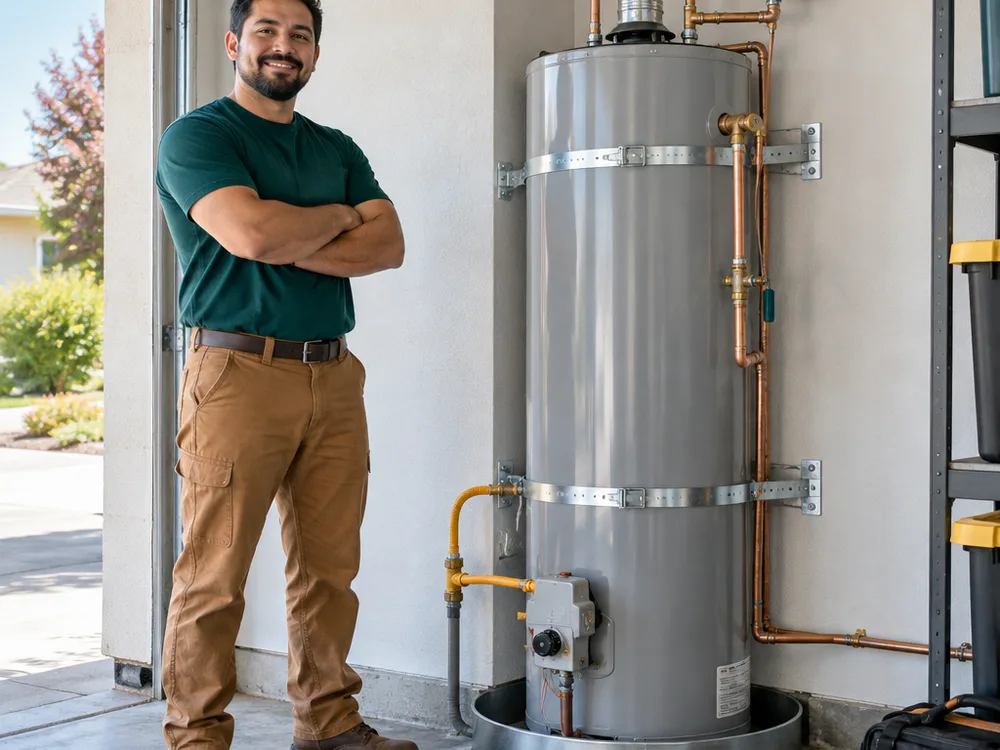 Technician standing beside a newly installed water heater in a garage