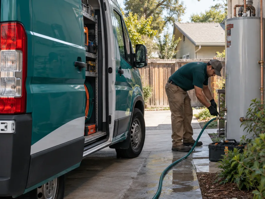 Technician working beside a service van in a residential driveway